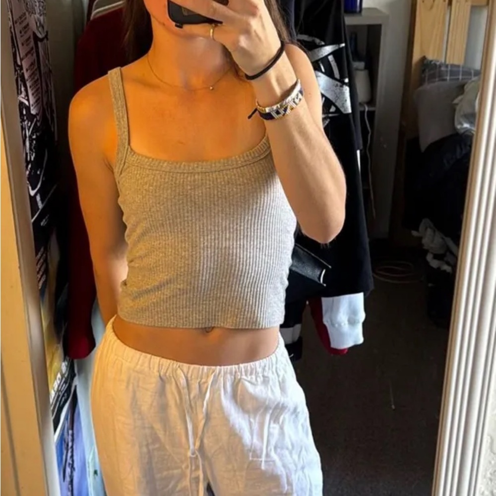 SUPRE Ribbed Square-Neck Crop Tank Top - Gray
